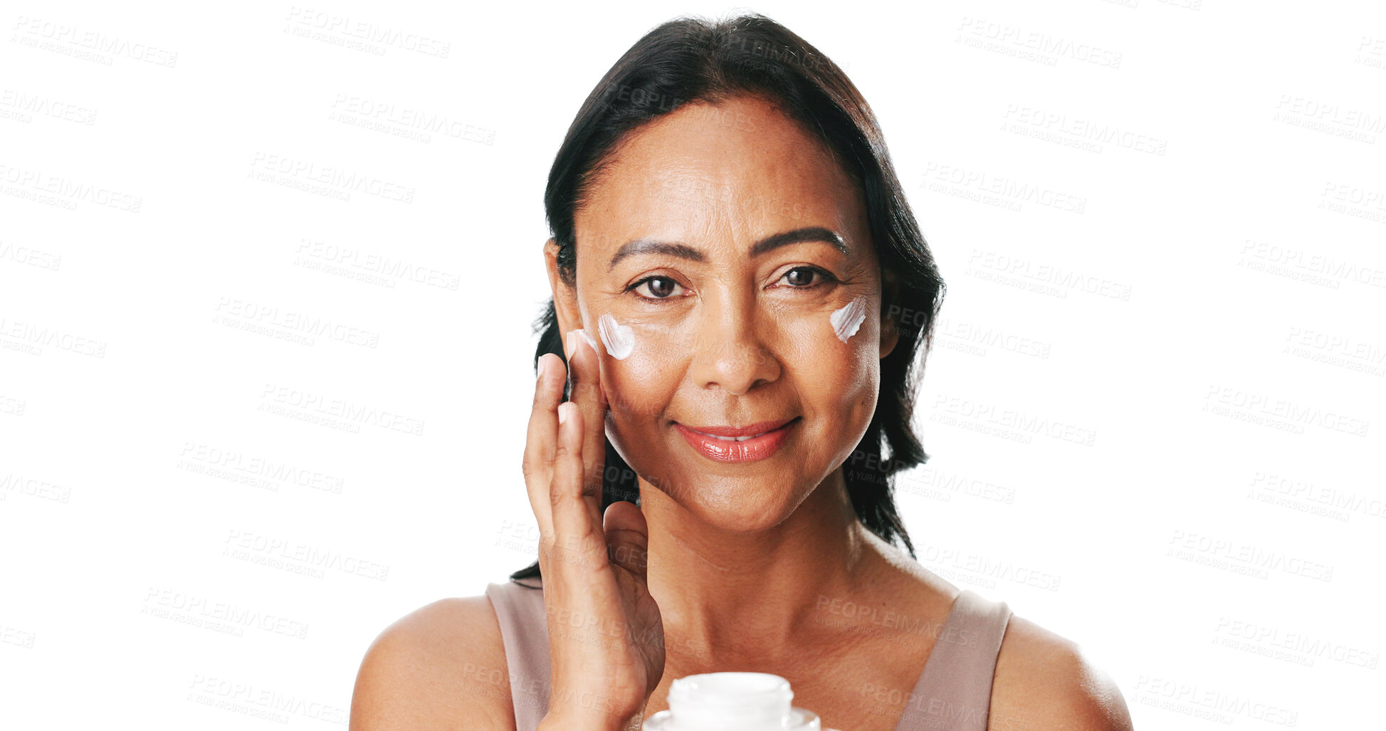 Buy stock photo Face cream, skincare and portrait of woman in studio with natural, moisturizing or facial routine. Health, happy and mature female person with dermatology spf, sunscreen or lotion on white background