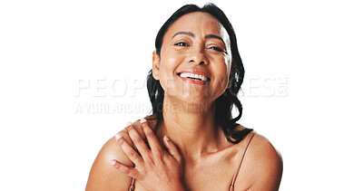 Buy stock photo Portrait, skincare and woman in studio, funny and dermatology on white background. Space, shine and mature person with healthy skin, laughing and confidence with cosmetics, beauty and facial glow