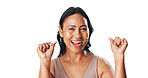 Mature, happy woman and portrait with dental floss for cleaning teeth on a white studio background. Female person, model or smile with thread or string for hygiene, fresh breath or oral and gum care