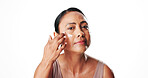 Moisturizer, skincare and portrait of woman in studio with natural, face cream or facial routine. Health, happy and mature female person with dermatology spf, sunscreen or lotion by white background