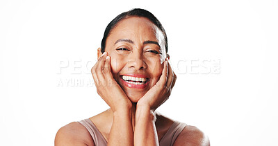 Buy stock photo Portrait, wellness and woman with smile, skincare or confident with glow, self care and mockup space. White background, studio and mature person with healthy skin, cosmetics and dermatology in Mexico