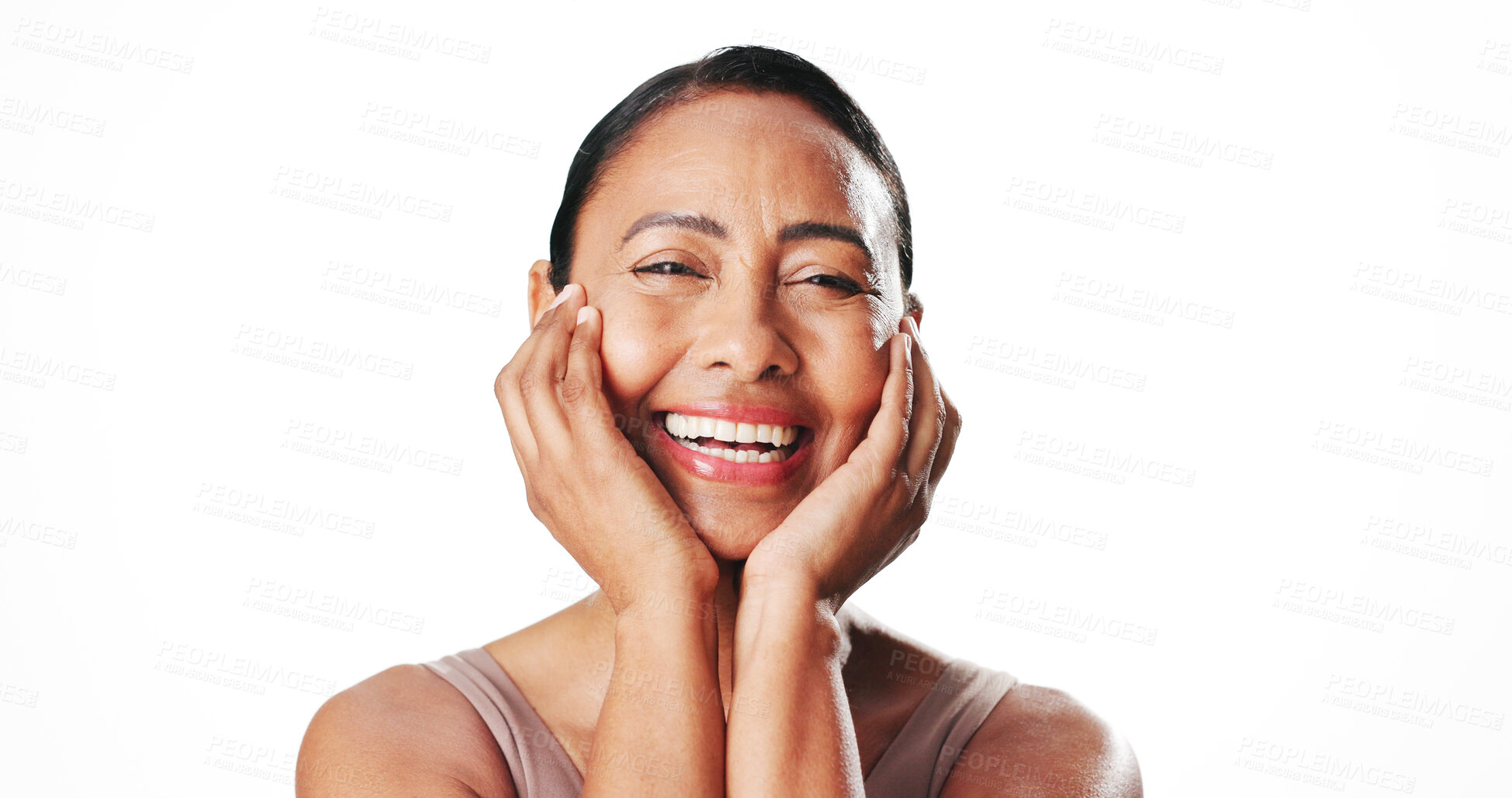 Buy stock photo Portrait, wellness and woman with smile, skincare or confident with glow, self care and mockup space. White background, studio and mature person with healthy skin, cosmetics and dermatology in Mexico