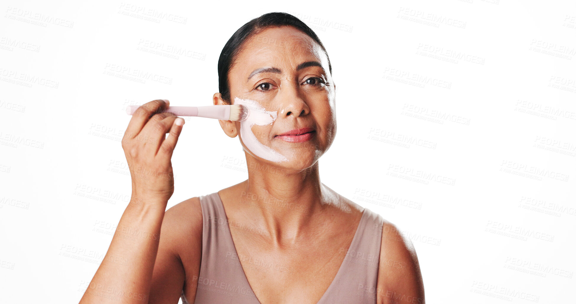 Buy stock photo Face mask, skincare and portrait of woman in studio for clay facial, pore detox cosmetics and beauty treatment. Anti aging, dermatology and self care with mature person on white background for spa