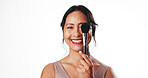 Woman, makeup brush and studio portrait for beauty, powder and mock up space on white background. Mature person, cosmetics and happy with tools, foundation and confidence with product in Colombia