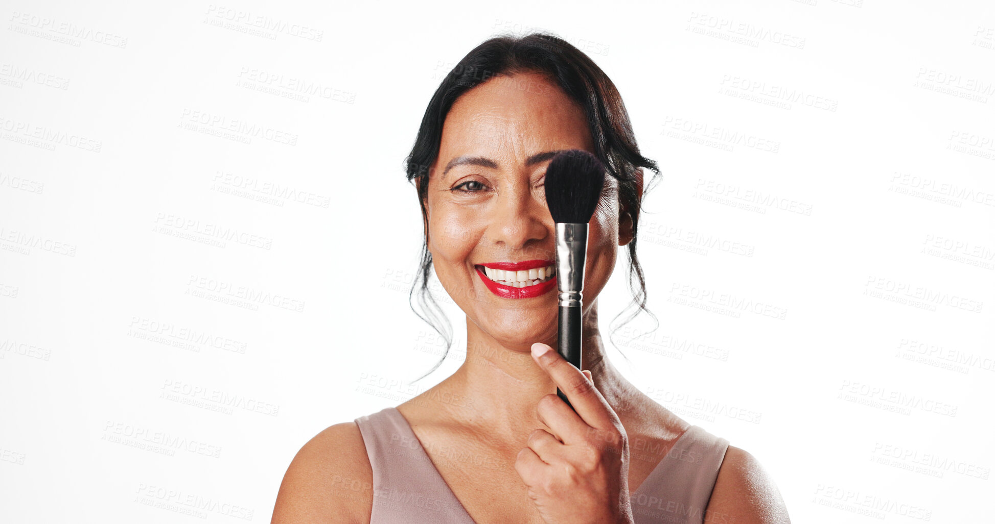 Buy stock photo Woman, makeup brush and studio portrait for beauty, powder and mock up space on white background. Mature person, cosmetics and happy with tools, foundation and confidence with product in Colombia