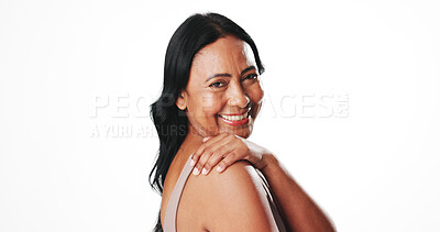 Buy stock photo Portrait, self care and woman with glow, skincare or confident with wellness, smile and mockup space. White background, studio and mature person with healthy skin, cosmetics and dermatology in Mexico