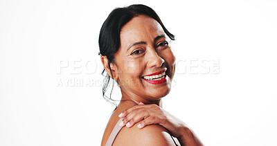 Buy stock photo Portrait, laugh and woman with glow, skincare or confident with wellness, self care and mockup space. White background, studio and mature person with healthy skin, cosmetics and dermatology in Mexico