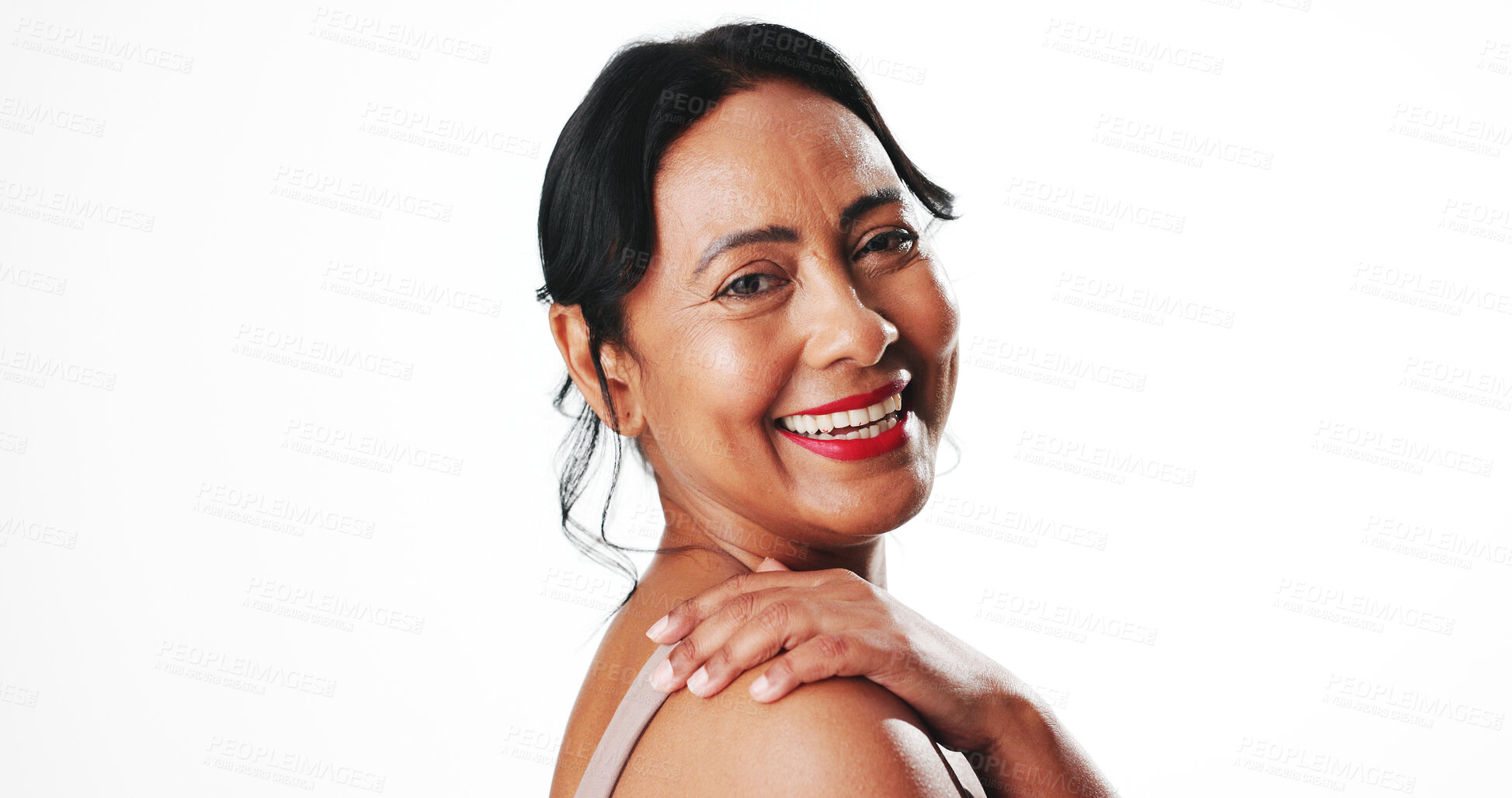 Buy stock photo Portrait, laugh and woman with glow, skincare or confident with wellness, self care and mockup space. White background, studio and mature person with healthy skin, cosmetics and dermatology in Mexico