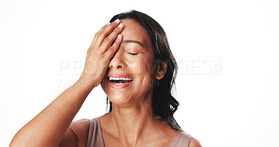 Buy stock photo Beauty, woman and eye cover in studio for anti aging treatment results, natural glow and hydration. Mockup space, mature person and happy on white background for skincare, radiance and healthy skin