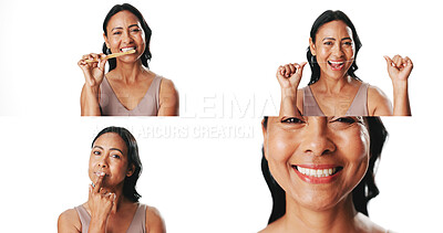 Buy stock photo Dental collage, woman and brushing teeth in studio with flossing, fresh breath or mouth cleaning. Oral portrait, mature person or composite mockup on white background with lip scrub, results or space