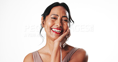 Buy stock photo Portrait, laugh and woman in studio, beauty and confident with lipstick, mockup space and cosmetics. White background, self care and mature person with healthy skin, makeup and dermatology in Mexico