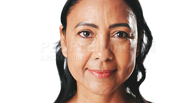 Buy stock photo Mature woman, skincare and studio with smile, pride or results in portrait with texture on white background. Person, beauty and dermatology with natural glow, benefits and anti aging in Colombia