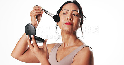 Buy stock photo Woman, makeup brush and mirror in studio for beauty, powder and mock up space on white background. Mature person, cosmetics and product with tools, foundation and application for blush with skin
