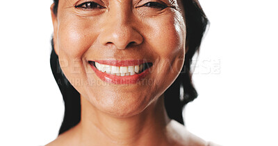 Buy stock photo Mature, happy woman and portrait with teeth for dental hygiene on a white studio background. Female person, mouth or model with smile, veneers or wellness for gum health, oral care or tooth whitening
