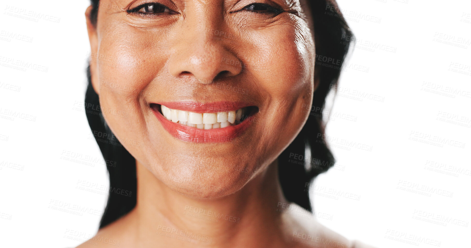 Buy stock photo Mature, happy woman and portrait with teeth for dental hygiene on a white studio background. Female person, mouth or model with smile, veneers or wellness for gum health, oral care or tooth whitening