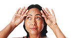 Mature woman, wrinkles and thinking in studio with forehead, check or mockup space on white background. Person, skincare and dermatology with touch, low collagen or elasticity with face inspection