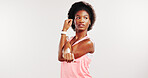 Stretching, fitness and black woman in studio for exercise, workout and training for mobility. Mockup space, athlete and person with warm up for wellness, health and flexible on white background