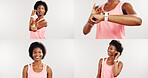 Collage, fitness and woman with smart watch, studio and listening to music for exercise or wellness. White background, athlete and black person with earphones, stretching and heart rate on website