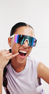 Buy stock photo Athlete, fashion and woman with sunglasses, studio and confident with aesthetic, happy and wellness. White background, fitness and person with shield eyewear, space and shades with uv protection
