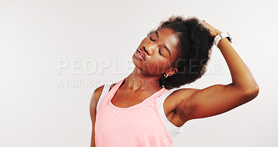 Buy stock photo Stretching neck, fitness and black woman in studio for exercise, workout and training for mobility. Mockup space, athlete and person with warm up for wellness, health and flexible on white background