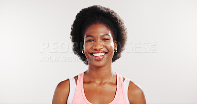 Buy stock photo Happy, fitness and portrait of black woman in studio with confidence for exercise, training and workout. Mockup space, athlete and person with smile for wellness, pride or health on white background