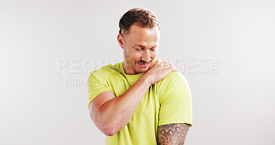 Buy stock photo Fitness, shoulder pain and accident with man in studio for workout injury, inflammation or fibromyalgia. Exercise mistake, training burnout and sprain with person on white background for tension