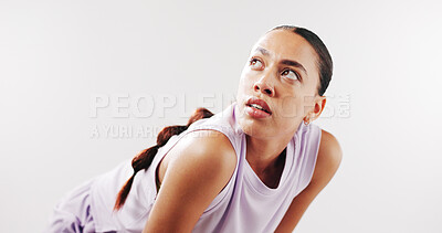 Buy stock photo Tired, fitness and woman in studio thinking for exercise, training and recovery for workout. Mockup space, athlete and person with sweat, fatigue and idea for wellness or health on white background