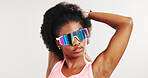 Stretching, thinking and black woman in studio for exercise, workout and training for mobility. Mockup space, sunglasses and person with warm up for wellness, health and fitness on white background