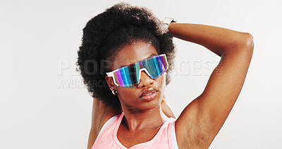 Buy stock photo Stretching, thinking and black woman in studio for exercise, workout and training for mobility. Mockup space, sunglasses and person with warm up for wellness, health and fitness on white background