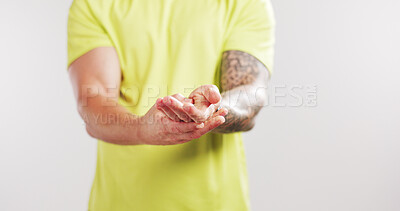 Buy stock photo Person, fitness and hand pain with carpal tunnel in studio, inflammation or mockup space on white background. Runner, athlete and massage for muscle fatigue, arthritis and ache with training injury