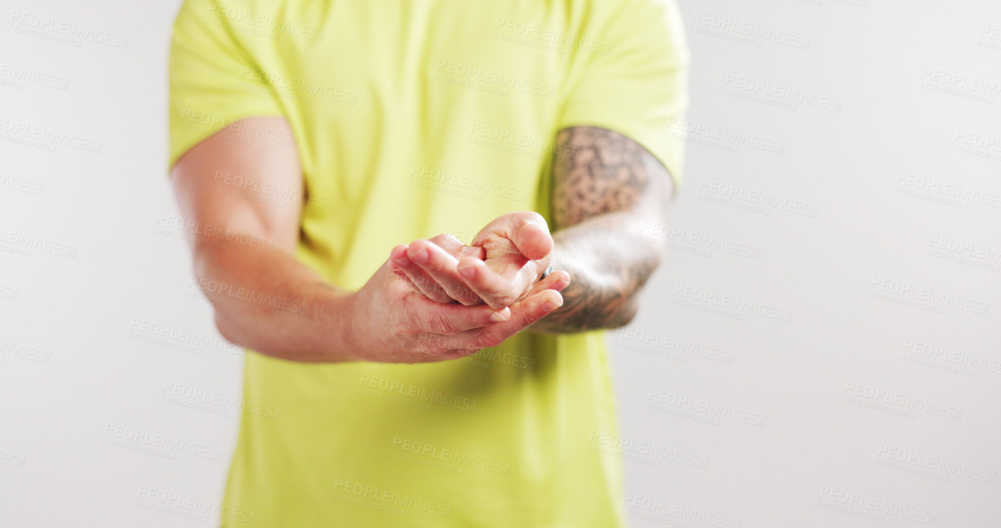 Buy stock photo Person, fitness and hand pain with carpal tunnel in studio, inflammation or mockup space on white background. Runner, athlete and massage for muscle fatigue, arthritis and ache with training injury