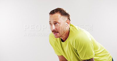 Buy stock photo Tired, fitness and man in studio with space for exercise, training and workout. Mockup, athlete and person with sweat, fatigue and thinking for wellness, recovery and health on white background