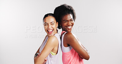 Buy stock photo Fitness, friends and laughing with arms crossed in studio for funny joke, exercise break or support. Mockup space, women and happy in portrait on white background for training rest and sports team