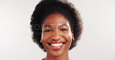 Buy stock photo Beauty, smile and portrait of black woman in studio for skincare, glow and self care aesthetic. Happiness, shine and dermatology mockup space with female person on white background for clear skin
