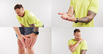 Buy stock photo Man, fitness and injury in studio, montage and knee pain with stress for arthritis on white background. Person, athlete or collage with muscle fatigue, burnout and frustrated with joint inflammation
