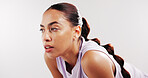 Breathe, fitness and woman in studio rest for recovery from exercise, training and workout. Mockup space, tired and person with sweat, fatigue and thinking for wellness or health on white background