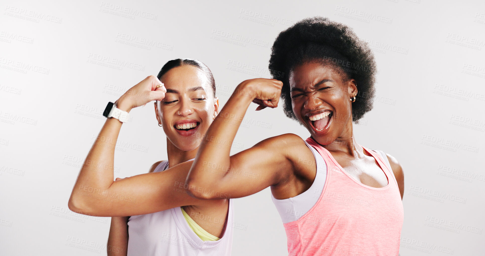 Buy stock photo Fitness, friends and happy with flex in studio for muscle development, workout goals and support. Mockup space, athletes and excited women with bicep growth on white background for exercise results