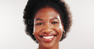 Buy stock photo Dental, smile and portrait of black woman in studio for oral hygiene, self care or teeth whitening. Dentist cleaning, happiness and veneers with person on white background for gum health and wellness