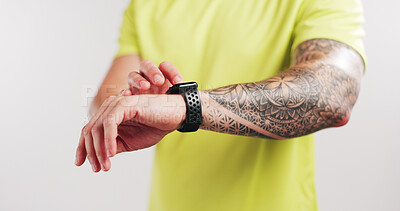 Buy stock photo Smart watch, fitness and hands of man in studio for heart rate sensor, workout progress and tracking performance. Sports monitor, running distance stats and health app with person on white background