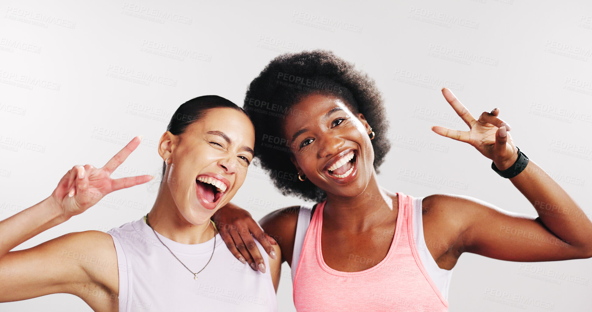 Buy stock photo Exercise, peace sign and portrait of friends in studio with confidence for fitness, training and workout. Space, athlete and happy people with emoji for wellness, pride and health on white background