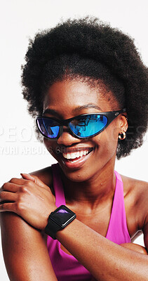 Buy stock photo Athlete, fashion and woman with sunglasses, happy or UV protection with goggles for glare reduction. White background, studio and black person with blue tint eyewear and visual shield for eye care
