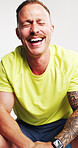 Happy, fitness and man in studio laughing with confidence for exercise, training and workout. Mockup space, athlete and person with funny joke for wellness, pride and health on white background
