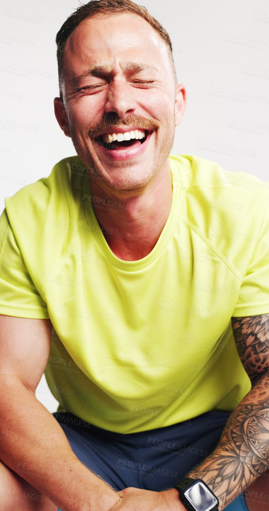 Buy stock photo Happy, fitness and man in studio laughing with confidence for exercise, training and workout. Mockup space, athlete and person with funny joke for wellness, pride and health on white background