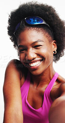 Buy stock photo Selfie, smile and fitness with black woman in studio for social media gym membership promotion and memory. Profile picture, personal trainer post and photography pov with person on white background