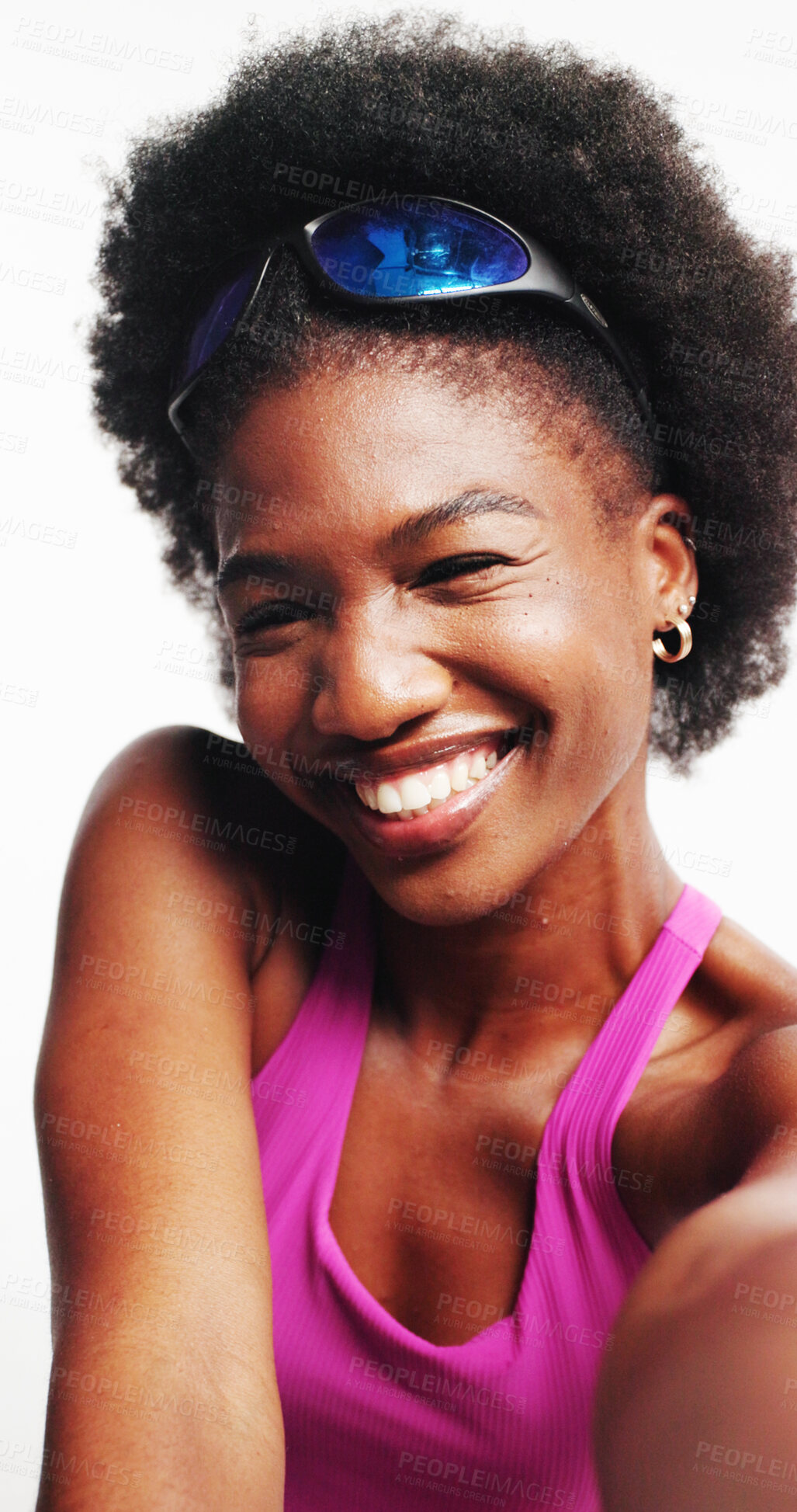 Buy stock photo Selfie, smile and fitness with black woman in studio for social media gym membership promotion and memory. Profile picture, personal trainer post and photography pov with person on white background