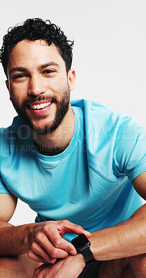 Buy stock photo Man, fitness and smart watch in studio portrait, happy and pride with training app on white background. Person, smile and confidence with iot, clock or timer for heart rate with exercise in Mexico