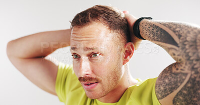 Buy stock photo Tired, fitness and man in studio rest for recovery from exercise, training and workout. Intense, athlete and person with sweat, fatigue and thinking for wellness and health on white background