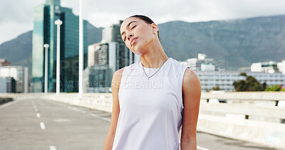 Buy stock photo Stretching, runner and woman in city for exercise, marathon training and start workout outdoor. Sports, athlete and person with warm up for wellness, health and mobility for fitness in urban town