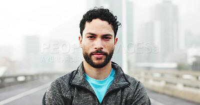 Buy stock photo Serious, exercise and portrait of man in city with confidence for fitness, training and workout. Runner, athlete and person in town for marathon, challenge and running for health outdoor in winter