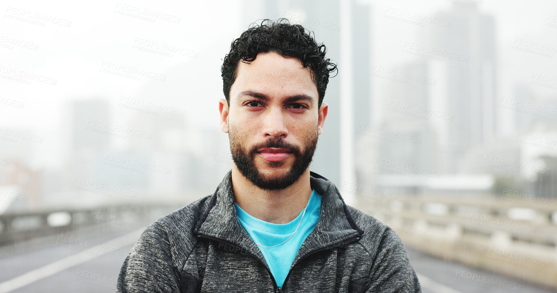Buy stock photo Serious, exercise and portrait of man in city with confidence for fitness, training and workout. Runner, athlete and person in town for marathon, challenge and running for health outdoor in winter